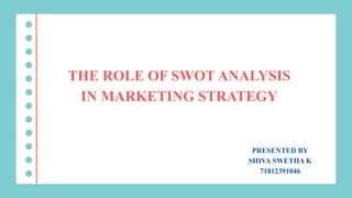 THE ROLE OF SWOT ANALYSIS
IN MARKETING STRATEGY
PRESENTED BY
SHIVA SWETHA K
71812391046
 