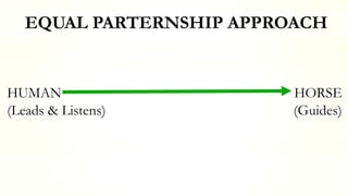 EQUAL PARTERNSHIP APPROACH
HUMAN HORSE
(Leads & Listens) (Guides)
 