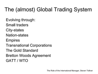 The Role of the International Manager, Steven Tolliver
The (almost) Global Trading System
Evolving through:
Small traders
...
