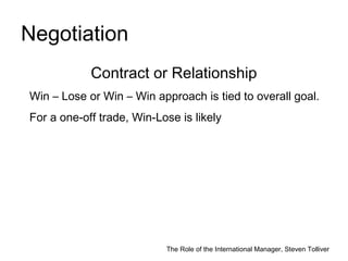The Role of the International Manager, Steven Tolliver
Negotiation
Contract or Relationship
Win – Lose or Win – Win approa...