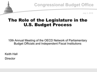 Congressional Budget Office
10th Annual Meeting of the OECD Network of Parliamentary
Budget Officials and Independent Fiscal Institutions
July 3, 2018
Keith Hall
Director
The Role of the Legislature in the
U.S. Budget Process
 