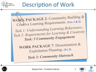 Descrip3on	
  of	
  Work	
  
WORK PACKAGE 2: Community Building &
Creative Learning Requirements. (Yrs. 1 & 2)
Task 1: Und...