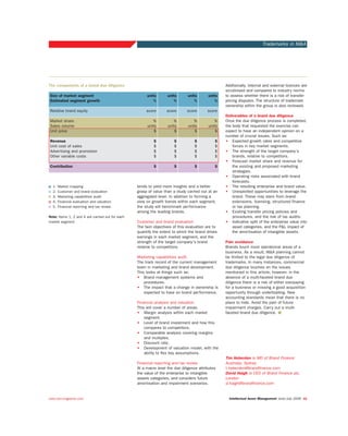 tends to yield more insights and a better
grasp of value than a study carried out at an
aggregated level. In addition to forming a
view on growth trends within each segment,
the study will benchmark performance
among the leading brands.
Customer and brand evaluation
The twin objectives of this evaluation are to
quantify the extent to which the brand drives
earnings in each market segment, and the
strength of the target company’s brand
relative to competitors.
Marketing capabilities audit
The track record of the current management
team in marketing and brand development.
This looks at things such as:
• Brand management systems and
procedures.
• The impact that a change in ownership is
expected to have on brand performance.
Financial analysis and valuation
This will cover a number of areas:
• Margin analysis within each market
segment.
• Level of brand investment and how this
compares to competitors.
• Comparable analysis covering margins
and multiples.
• Discount rate.
• Development of valuation model, with the
ability to flex key assumptions.
Financial reporting and tax review
At a macro level the due diligence attributes
the value of the enterprise to intangible
assets categories, and considers future
amortisation and impairment scenarios.
Additionally, internal and external licences are
scrutinised and compared to industry norms
to assess whether there is a risk of transfer
pricing disputes. The structure of trademark
ownership within the group is also reviewed.
Deliverables of a brand due diligence
Once the due diligence process is completed,
the body that requested the exercise can
expect to have an independent opinion on a
number of crucial issues. Such as:
• Expected growth rates and competitive
forces in key market segments.
• The strength of the target company’s
brands, relative to competitors.
• Forecast market share and revenue for
the existing and proposed marketing
strategies.
• Operating risks associated with brand
forecasts.
• The resulting enterprise and brand value.
• Unexploited opportunities to leverage the
brand. These may stem from brand
extensions, licensing, structured finance
or tax planning.
• Existing transfer pricing policies and
procedures, and the risk of tax audits.
• Indicative split of the enterprise value into
asset categories, and the P&L impact of
the amortisation of intangible assets.
Pain avoidance
Brands touch most operational areas of a
business. As a result, M&A planning cannot
be limited to the legal due diligence of
trademarks. In many instances, commercial
due diligence touches on the issues
mentioned in this article; however, in the
absence of a multi-faceted brand due
diligence there is a risk of either overpaying
for a business or missing a good acquisition
opportunity through underbidding. New
accounting standards mean that there is no
place to hide. Avoid the pain of future
impairment charges. Carry out a multi-
faceted brand due diligence.
Tim Heberden is MD of Brand Finance
Australia, Sydney
t.heberden@brandfinance.com
David Haigh is CEO of Brand Finance plc,
London
d.haigh@brandfinance.com
Intellectual Asset Management June/July 2006 41
Trademarks in M&A
www.iam-magazine.com
Size of market segment units units units units
Estimated segment growth % % % %
Relative brand equity score score score score
Market share % % % %
Sales volume units units units units
Unit price $ $ $ $
Revenue $ $ $ $
Unit cost of sales $ $ $ $
Advertising and promotion $ $ $ $
Other variable costs $ $ $ $
Contribution $ $ $ $
The components of a brand due diligence
1. Market mapping
2. Customer and brand evaluation
3. Marketing capabilities audit
4. Financial evaluation and valuation
5. Financial reporting and tax review
Note: Items 1, 2 and 4 are carried out for each
market segment
 