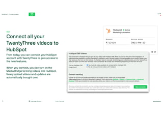 TwentyThree™ – The Video Company
twentythree.com
16:00
#video #marketing
Copenhagen, Denmark
25
001

Connect all your
TwentyThree videos to
HubSpot

From today, you can connect your HubSpot
account with TwentyThree to gain access to
the new features. 

When you connect, you can turn on the
Media Bridge to bring videos into HubSpot.
Newly upload videos and updates are
automatically brought over.
 