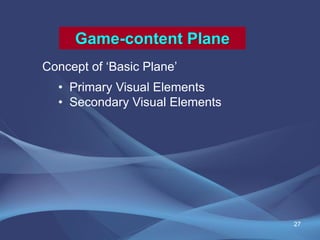 Game-content Plane
Concept of ‘Basic Plane’
• Primary Visual Elements
• Secondary Visual Elements
27
 