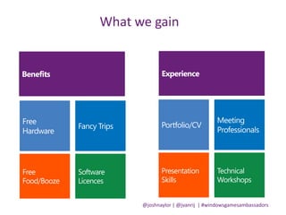 @joshnaylor | @jvanrij | #windowsgamesambassadors
What we gain
 