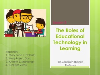 The Roles of
Educational
Technology in
Learning
Lesson 3
 
