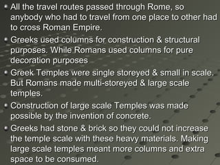 All the travel routes passed through Rome, soAll the travel routes passed through Rome, so
anybody who had to travel from one place to other hadanybody who had to travel from one place to other had
to cross Roman Empire.to cross Roman Empire.
Greeks used columns for construction & structuralGreeks used columns for construction & structural
purposes. While Romans used columns for purepurposes. While Romans used columns for pure
decoration purposesdecoration purposes
Greek Temples were single storeyed & small in scale.Greek Temples were single storeyed & small in scale.
But Romans made multi-storeyed & large scaleBut Romans made multi-storeyed & large scale
temples.temples.
Construction of large scale Temples was madeConstruction of large scale Temples was made
possible by the invention of concrete.possible by the invention of concrete.
Greeks had stone & brick so they could not increaseGreeks had stone & brick so they could not increase
the temple scale with these heavy materials. Makingthe temple scale with these heavy materials. Making
large scale temples meant more columns and extralarge scale temples meant more columns and extra
space to be consumed.space to be consumed.
 