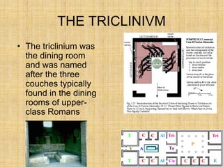 THE TRICLINIVM
• The triclinium was
  the dining room
  and was named
  after the three
  couches typically
  found in the dining
  rooms of upper-
  class Romans
 
