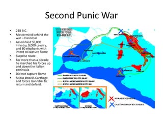 Second Punic War
•
•

•

•
•

•
•

218 B.C.
Mastermind behind the
war – Hannibal
Assembled 50,000
infantry, 9,000 cavalry,
and 60 elephants with
intent to capture Rome
Surprise route
For more than a decade
he marched his forces up
and down the Italian
peninsula
Did not capture Rome
Scipio attacks Carthage
and forces Hannibal to
return and defend.

 
