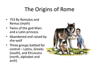 The Origins of Rome
• 753 By Romulus and
Remus (myth)
• Twins of the god Mars
and a Latin princess
• Abandoned and raised by
she-wolf
• Three groups battled for
control – Latins, Greeks
(south), and Etruscans
(north, alphabet and
arch)

 