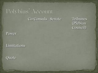 Co-Consuls Senate   Tribunes
                                  (Plebian
                                  Council)
Power


Limitations


Quote
 