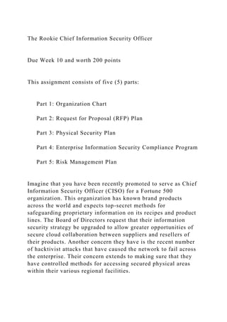 The Rookie Chief Information Security Officer
Due Week 10 and worth 200 points
This assignment consists of five (5) parts:
Part 1: Organization Chart
Part 2: Request for Proposal (RFP) Plan
Part 3: Physical Security Plan
Part 4: Enterprise Information Security Compliance Program
Part 5: Risk Management Plan
Imagine that you have been recently promoted to serve as Chief
Information Security Officer (CISO) for a Fortune 500
organization. This organization has known brand products
across the world and expects top-secret methods for
safeguarding proprietary information on its recipes and product
lines. The Board of Directors request that their information
security strategy be upgraded to allow greater opportunities of
secure cloud collaboration between suppliers and resellers of
their products. Another concern they have is the recent number
of hacktivist attacks that have caused the network to fail across
the enterprise. Their concern extends to making sure that they
have controlled methods for accessing secured physical areas
within their various regional facilities.
 