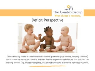 Deficit Perspective
Deficit thinking refers to the notion that students (particularly low income, minority students)
fail in school because such students and their families experience deficiencies that obstruct the
learning process (e.g. limited intelligence, lack of motivation and inadequate home socialization).
 