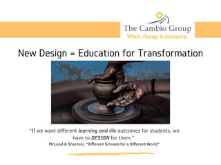 New Design = Education for Transformation
“If we want different learning and life outcomes for students, we
have to DESIGN for them.” 
McLeod & Shareski, “Different Schools for a Different World”
 