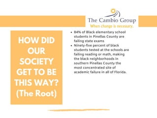 84% of Black elementary school
students in Pinellas County are
failing state exams
Ninety-five percent of black
students tested at the schools are
failing reading or math, making
the black neighborhoods in
southern Pinellas County the
most concentrated site of
academic failure in all of Florida.
HOW DID
OUR
SOCIETY
GET TO BE
THIS WAY?
(The Root)
 