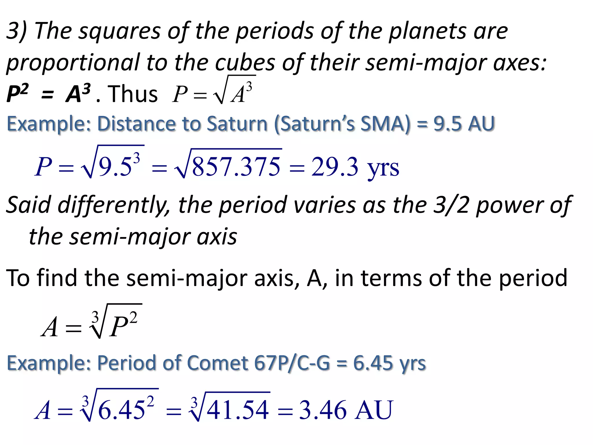 3) The squares The Copernican of the periods of Revolution 
the planets are 
proportional to the cubes of their semi-major axes: 
P2 = A3 . Thus 
P  A 
3 Example: Distance to Saturn (Saturn’s SMA) = 9.5 AU 
3 P  9.5  857.375  29.3 yrs 
Said differently, the period varies P  A3 
as the 3/2 power of 
the semi-major axis 
To find the semi-major axis, A, in terms of the period 
3 2 A  P 
Example: Period of Comet 67P/C-G = 6.45 yrs 
3 2 3 A  6.45  41.54  3.46 AU 
 