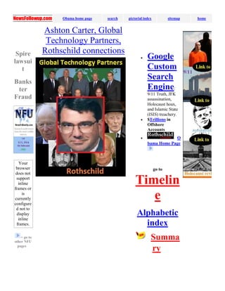 NewsFollowup.com Obama home page search pictorial index sitemap home
Spire
lawsui
t
Banks
ter
Fraud
Your
browser
does not
support
inline
frames or
is
currently
configure
d not to
display
inline
frames.
= go to
other NFU
pages
Ashton Carter, Global
Technology Partners,
Rothschild connections
 Google
Custom
Search
Engine:
9/11 Truth, JFK
assassination,
Holocaust hoax,
and Islamic State
(ISIS) treachery.
 $Trillions in
Offshore
Accounts
 O
bama Home Page
go to
Timelin
e
Alphabetic
index
Summa
ry
 
