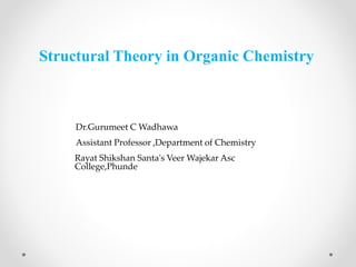 Structural Theory in Organic Chemistry
Dr.Gurumeet C Wadhawa
Assistant Professor ,Department of Chemistry
Rayat Shikshan Santa's Veer Wajekar Asc
College,Phunde
 