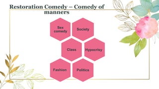 Society
Class
Sex
comedy
Politics
Hypocrisy
Fashion
Restoration Comedy – Comedy of
manners
 