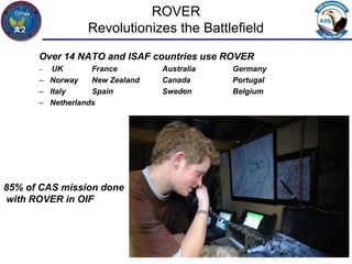 ROVER
                 Revolutionizes the Battlefield
      Over 14 NATO and ISAF countries use ROVER
      –  UK       France        Australia   Germany
      – Norway    New Zealand   Canada      Portugal
      – Italy     Spain         Sweden      Belgium
      – Netherlands




85% of CAS mission done
with ROVER in OIF



                                                       41
 