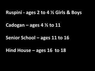 Ruspini - ages 2 to 4 ½ Girls & Boys
Cadogan – ages 4 ½ to 11
Senior School – ages 11 to 16
Hind House – ages 16 to 18