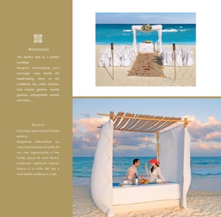 Weedings

The perfect start to a perfect
wedding!
Imagine exchanging your
marriage       vows amidst the
breath-taking    views   of    the
Caribbean Sea, white beaches,
lush tropical gardens, seaside
gazebos, unforgettable sunsets
and more....




               Bodas
El principio perfecto para la boda
perfecta...
Imagínense      intercambiar   sus
votos matrimoniales en medio de
una vista impresionante al Mar
Caribe, playas de arena blanca,
exuberante vegetación tropical,
kioscos a la orilla del mar e
inolvidables atardeceres y más...
 