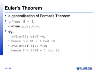 Euler's Theorem
 a generalisation of Fermat's Theorem
 aø(n)mod N = 1
– where gcd(a,N)=1

 eg.
–
–
–
–

CCLAB

a=3;n=10;
hence 34 =
a=2;n=11;
hence 210 =

ø(10)=4;
81 = 1 mod 10
ø(11)=10;
1024 = 1 mod 11

 