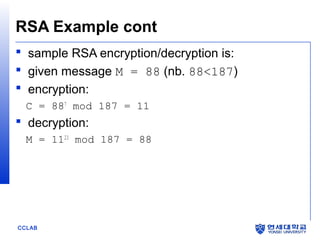 RSA Example cont
 sample RSA encryption/decryption is:
 given message M = 88 (nb. 88<187)
 encryption:
C = 887 mod 187 = 11

 decryption:
M = 1123 mod 187 = 88

CCLAB

 