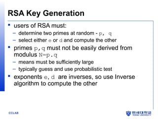 RSA Key Generation
 users of RSA must:
– determine two primes at random - p, q
– select either e or d and compute the other

 primes p,q must not be easily derived from
modulus N=p.q
– means must be sufficiently large
– typically guess and use probabilistic test

 exponents e, d are inverses, so use Inverse
algorithm to compute the other

CCLAB

 