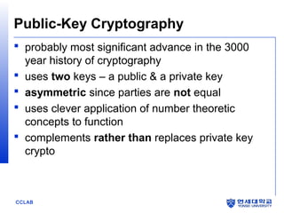 Public-Key Cryptography
 probably most significant advance in the 3000
year history of cryptography
 uses two keys – a public & a private key
 asymmetric since parties are not equal
 uses clever application of number theoretic
concepts to function
 complements rather than replaces private key
crypto

CCLAB

 