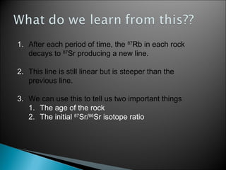 1. After each period of time, the 87Rb in each rock
   decays to 87Sr producing a new line.

2. This line is still linear but is steeper than the
   previous line.

3. We can use this to tell us two important things
   1. The age of the rock
   2. The initial 87Sr/86Sr isotope ratio
 