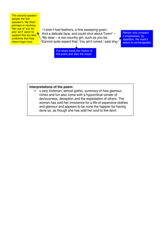 -‘I wish I had feathers, a fine sweeping gown,
And a delicate face, and could strut about Town!’ –
‘My dear – a raw country girl, such as you be,
Cannot quite expect that. You ain’t ruined,’ said she.
Full stops break the rhythm of
the poem and alter the mood.
The second speaker
adopts the first
speaker’s ‘My Dear’,
perhaps in mockery.
Her use of ‘you be’
and ‘ain’t’ seem to
support this but also
underline that they
share tragic lives
Refrain only constant:
it emphasises, by
repetition, the maid’s
status is unchangeable
Interpretations of the poem:
 A very Victorian, almost gothic, summary of how glamour,
riches and fun also come with a hypocritical veneer of
deviousness, deception and the exploitation of others. The
woman has sold her innocence for a life of expensive clothes
and glamour and appears to be none the happier for having
done so, as though she has sold her soul to the devil.
 