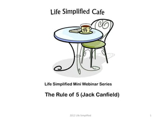 Life Simplified Mini Webinar Series

The Rule of 5 (Jack Canfield)


             2012 Life Simplified     1
 