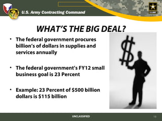 WHAT’S THE BIG DEAL?
• The federal government procures
  billion’s of dollars in supplies and
  services annually

• The federal government’s FY12 small
  business goal is 23 Percent

• Example: 23 Percent of $500 billion
  dollars is $115 billion


                           UNCLASSIFIED   18
 