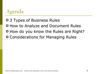 Agenda 3 Types of Business Rules How to Analyze and Document Rules How do you know the Rules are Right? Considerations for Managing Rules 