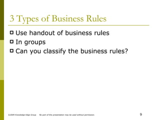 3 Types of Business Rules Use handout of business rules In groups Can you classify the business rules? 