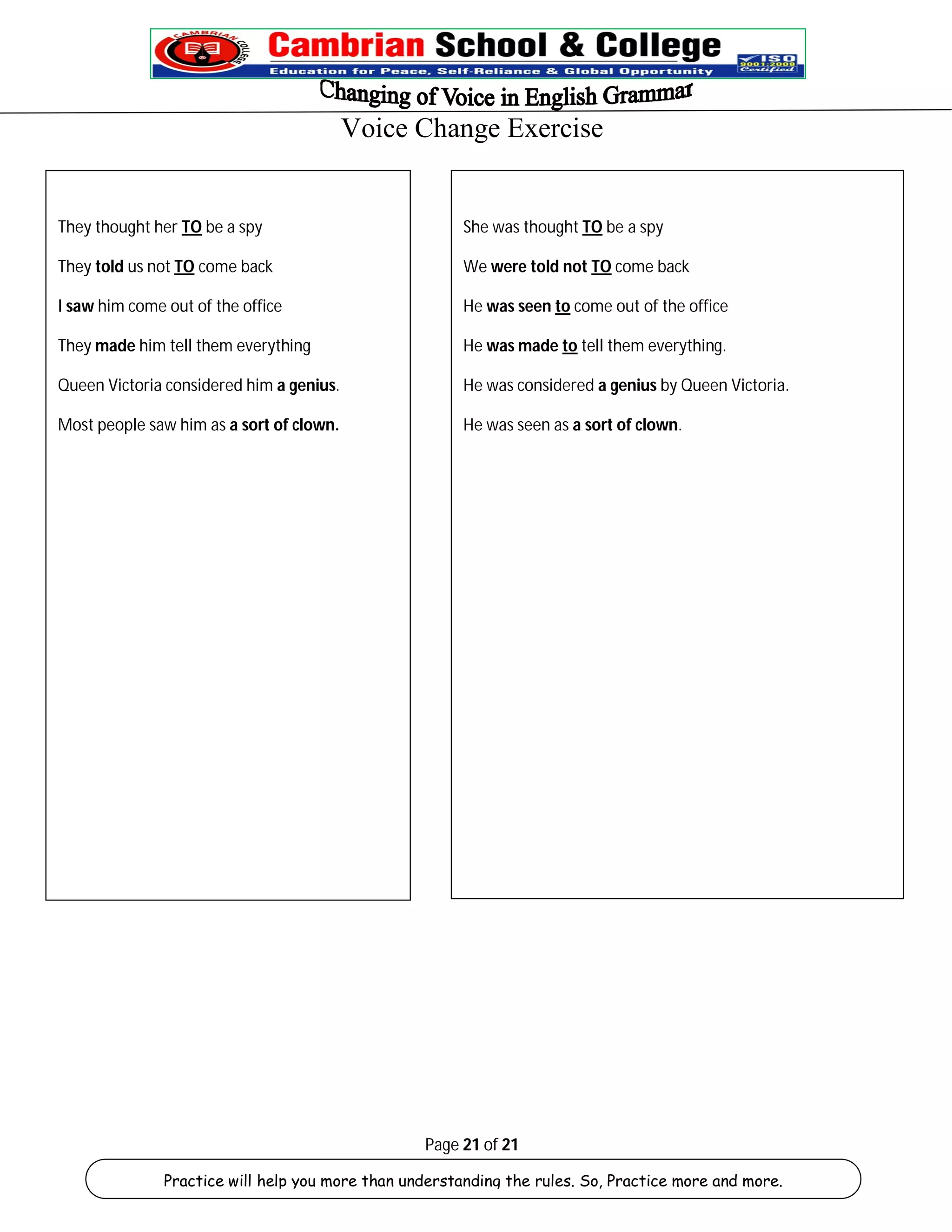 Voice Change Exercise 
She was thought TO be a spy 
We were told not TO come back 
He was seen to come out of the office 
He was made to tell them everything. 
He was considered a genius by Queen Victoria. 
He was seen as a sort of clown. 
Page 21 of 21 
They thought her TO be a spy 
They told us not TO come back 
I saw him come out of the office 
They made him tell them everything 
Queen Victoria considered him a genius. 
Most people saw him as a sort of clown. 
Practice will help you more than understanding the rules. So, Practice more and more. 
