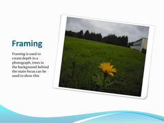 FramingFraming is used to create depth in a photograph, trees in the background behind the main focus can be used to show this