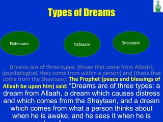 Types of Dreams Dreams are of three types: (those that come from Allaah), (psychological, they come from within a person) and (those that come from the Shaytaan).  The Prophet (peace and blessings of Allaah be upon him) said:  “Dreams are of three types: a dream from Allaah, a dream which causes distress and which comes from the Shaytaan, and a dream which comes from what a person thinks about when he is awake, and he sees it when he is asleep.”  (al-Bukhaari, 6499; Muslim, 4200)  Rahmaani  Nafsaani   Shaytaani  