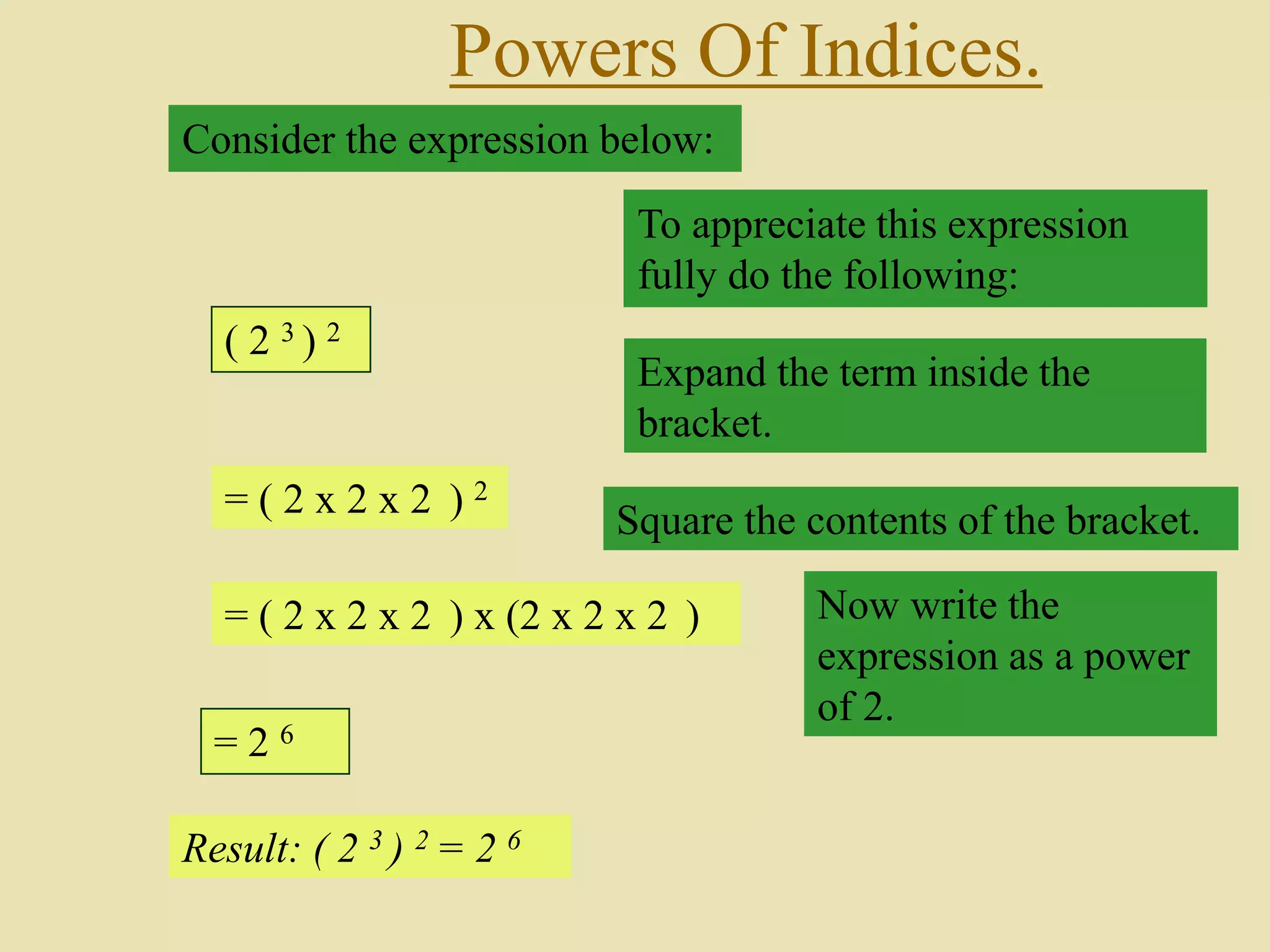 Powers Of Indices.
Consider the expression below:
( 2 3 ) 2
To appreciate this expression
fully do the following:
Expand the term inside the
bracket.
= ( 2 x 2 x 2 ) 2
Square the contents of the bracket.
= ( 2 x 2 x 2 ) x (2 x 2 x 2 ) Now write the
expression as a power
of 2.
= 2 6
Result: ( 2 3 ) 2 = 2 6
 
