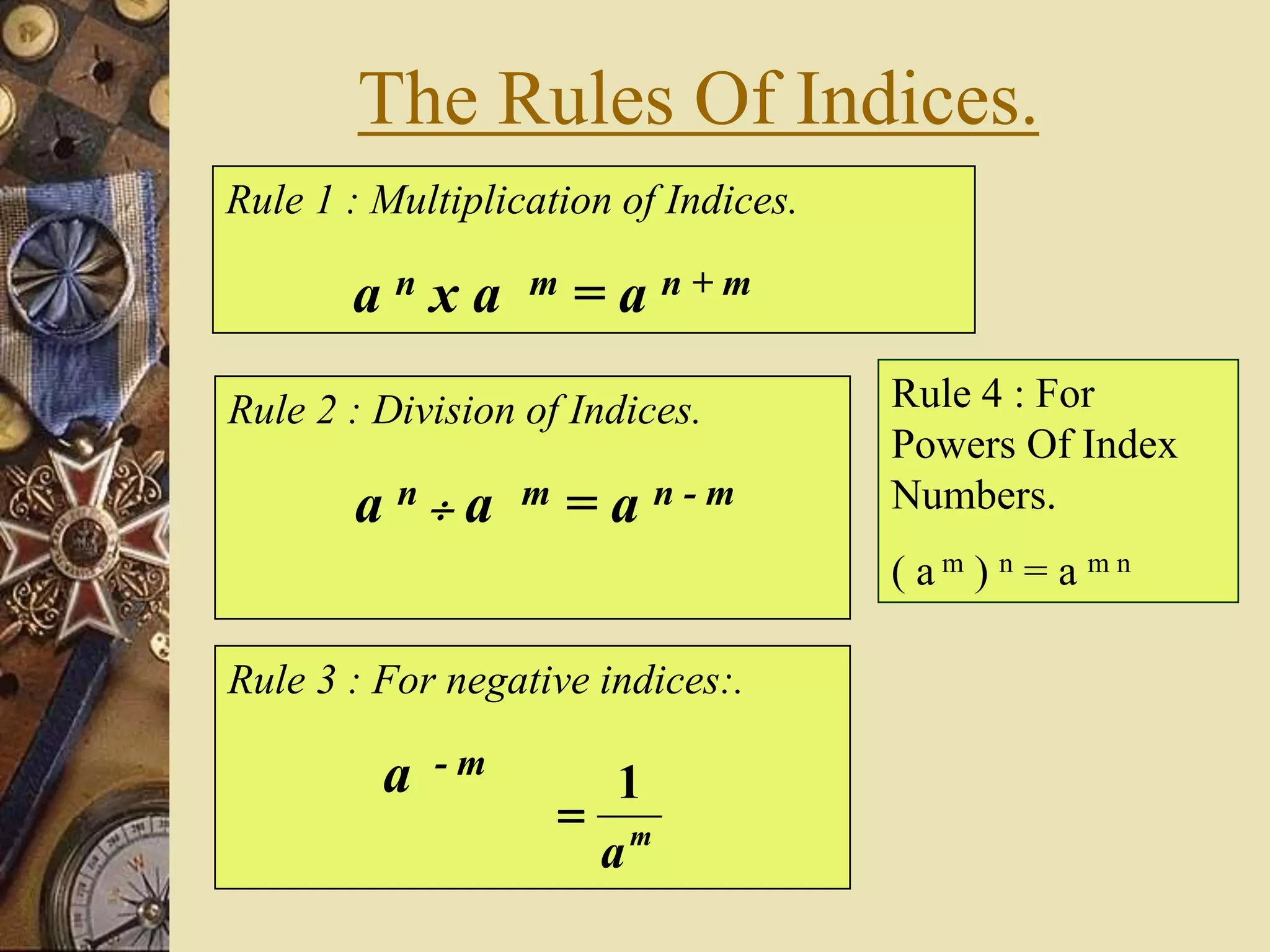 The Rules Of Indices.
Rule 4 : For
Powers Of Index
Numbers.
( a m ) n = a m n
Rule 1 : Multiplication of Indices.
a n x a m = a n + m
Rule 2 : Division of Indices.
a n  a m = a n - m
Rule 3 : For negative indices:.
a - m
m
a
1

 