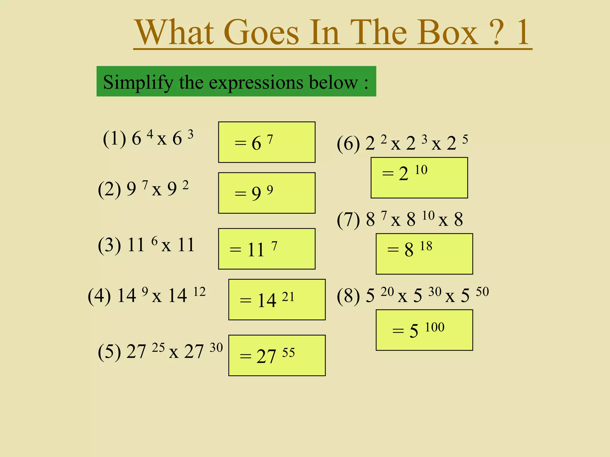 What Goes In The Box ? 1
Simplify the expressions below :
(1) 6 4 x 6 3
(2) 9 7 x 9 2
(3) 11 6 x 11
(4) 14 9 x 14 12
(5) 27 25 x 27 30
(6) 2 2 x 2 3 x 2 5
(7) 8 7 x 8 10 x 8
(8) 5 20 x 5 30 x 5 50
= 6 7
= 9 9
= 11 7
= 14 21
= 27 55
= 2 10
= 8 18
= 5 100
 