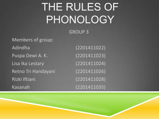 THE RULES OF
PHONOLOGY
GROUP 3
Members of group:
Adindha (2201411022)
Puspa Dewi A. K. (2201411023)
Lisa Ika Lestary (2201411024)
Retno Tri Handayani (2201411026)
Rizki Iftiani (2201411028)
Kasanah (2201411035)
 