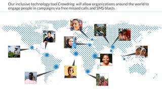 Our inclusive technology tool Crowdring will allow organizations around the world to
engage people in campaigns via free missed calls and SMS blasts
 