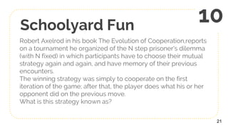 Schoolyard Fun
Robert Axelrod in his book The Evolution of Cooperation,reports
on a tournament he organized of the N step prisoner's dilemma
(with N fixed) in which participants have to choose their mutual
strategy again and again, and have memory of their previous
encounters.
The winning strategy was simply to cooperate on the first
iteration of the game; after that, the player does what his or her
opponent did on the previous move.
What is this strategy known as?
21
10
 
