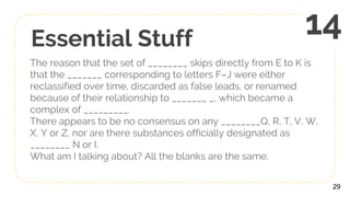 Essential Stuff
The reason that the set of ________ skips directly from E to K is
that the _______ corresponding to letters F–J were either
reclassified over time, discarded as false leads, or renamed
because of their relationship to _______ _, which became a
complex of _________.
There appears to be no consensus on any ________Q, R, T, V, W,
X, Y or Z, nor are there substances officially designated as
________ N or I.
What am I talking about? All the blanks are the same.
29
14
 