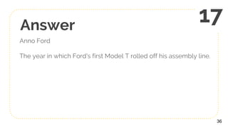 Answer
Anno Ford
The year in which Ford's first Model T rolled off his assembly line.
36
17
 