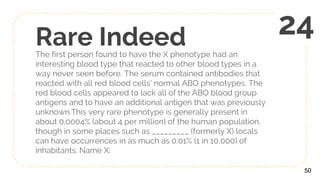 Rare IndeedThe first person found to have the X phenotype had an
interesting blood type that reacted to other blood types in a
way never seen before. The serum contained antibodies that
reacted with all red blood cells' normal ABO phenotypes. The
red blood cells appeared to lack all of the ABO blood group
antigens and to have an additional antigen that was previously
unknown.This very rare phenotype is generally present in
about 0.0004% (about 4 per million) of the human population,
though in some places such as _________ (formerly X) locals
can have occurrences in as much as 0.01% (1 in 10,000) of
inhabitants. Name X.
50
24
 