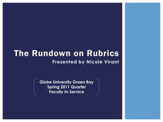 The Rundown on Rubrics
           Presented by Nicole Virant



     Globe University Green Bay
        Spring 2011 Quarter
         Faculty In-Service
 